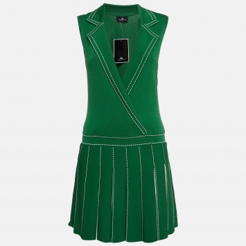 Pre Owned Elisabetta Franchi Green/White Knit Pleated Mini Dress M