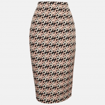 Pre Owned Elisabetta Franchi Black/Pink Logo Print Crepe Pencil Skirt M