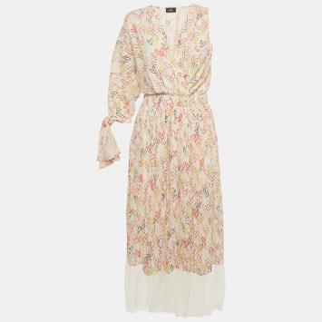 Pre Owned Elisabetta Franchi Multicolor Heart Print Crepe One Shoulder Midi Dress M