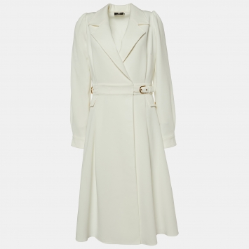 Pre Owned Elisabetta Franchi White Crepe Faux Wrap Coat Midi Dress M