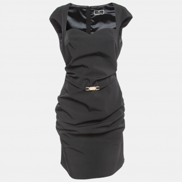 Pre Owned Elisabetta Franchi Black Synthetic Ruched Mini Dress L