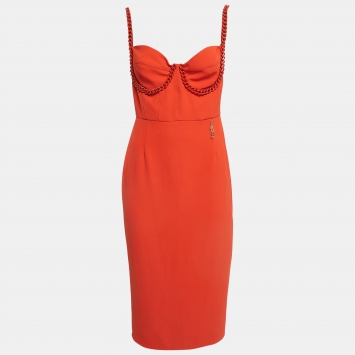 Pre Owned Elisabetta Franchi Orange Crepe Bustier Midi Dress L