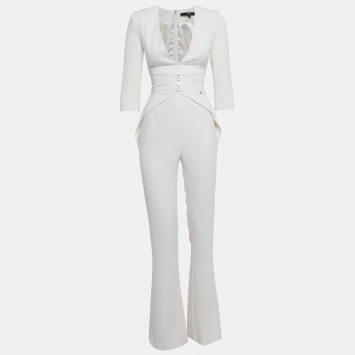 Pre Owned Elisabetta Franchi White Crepe V-Neck Jumpsuit S