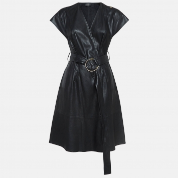 Pre Owned Elisabetta Franchi Black Faux Leather Belted Short Wrap Dress M