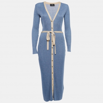 Pre Owned Elisabetta Franchi Blue Lurex Knit Buttoned Long Dress M