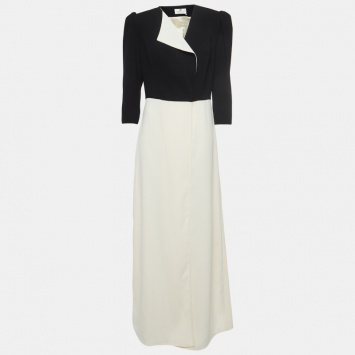 Pre Owned Elisabetta Franchi Cream and Black Crepe Front Open Maxi Dress L