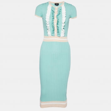 Pre Owned Elisabetta Franchi Green Rib Knit Frilled Midi Dress S