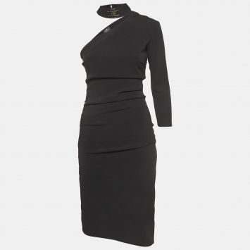 Pre Owned Elisabetta Franchi Black Crepe Ruched Asymmetric Midi Dress M 