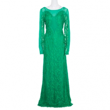 Pre Owned Emilio Pucci Emerald Green Lace Applique Long Sleeve Evening Gown L