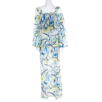 Pre Owned Emilio Pucci Blue and Yellow Printed Cotton Silk Cold Shoulder Tie Detail Dress L