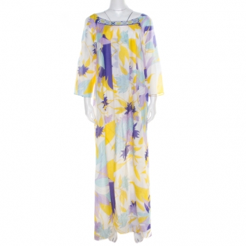 Pre Owned Emilio Pucci Multicolor Leaf Printed Cotton and Silk Dress L
