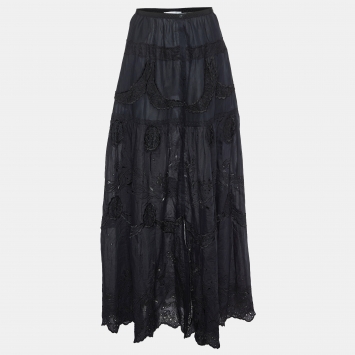 Pre Owned Emilio Pucci Black Broderie Anglaise Cotton Maxi Skirt S