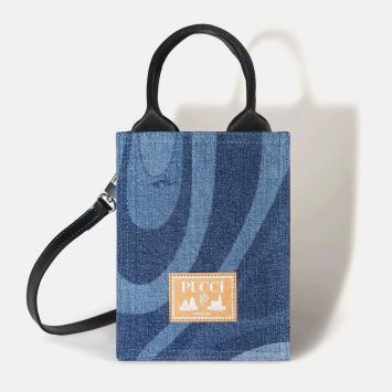 Pre Owned Emilio Pucci Dark Blue Cotton Marmo-Print Denim Tote Bag