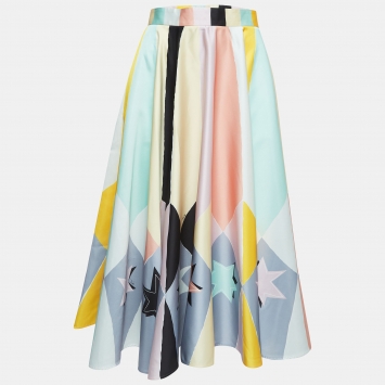 Pre Owned Emilio Pucci Archivio  Multicolor Printed Satin Flared Maxi Skirt M