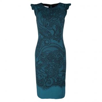 Pre Owned Emilio Pucci Blue Paisley and Net Print Ruffled Sleeve Wool Dress S