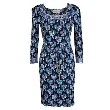 Pre Owned Emilio Pucci Multicolor Printed Belted Long Sleeve Dress M