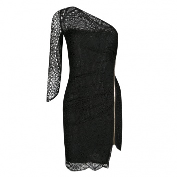 Pre Owned Emilio Pucci Black Lace One Shoulder Ruched Mini Dress S