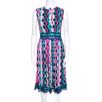 Pre Owned Emilio Pucci Multicolor Printed Scallop Lace Insert Sleeveless Midi Dress S