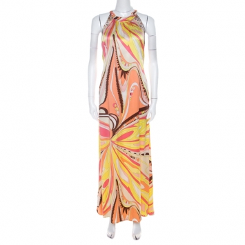 Pre Owned Emilio Pucci Firenze Multicolor Abstract Print Silk Maxi Halter Dress M