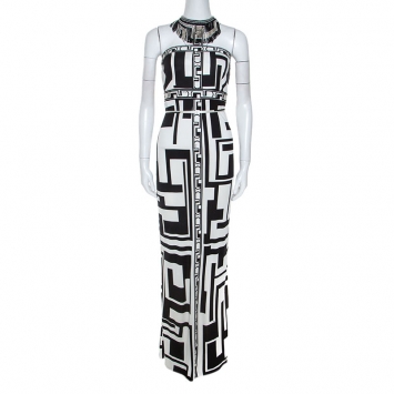 Pre Owned Emilio Pucci Monochrome Printed Silk Beaded Collar Dress M