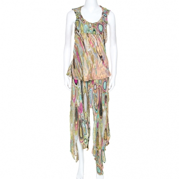 Pre Owned Emilio Pucci Multicolor Printed Metallic Weave Detail Embellished Skirt Set M