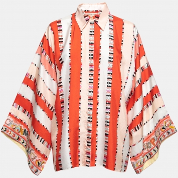 Pre Owned Emilio Pucci Pink Multicolor Printed Silk Buttoned Tunic Top M