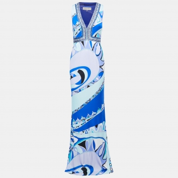Pre Owned Emilio Pucci Blue Printed Stretch Knit Embellished Sleeveless Long Dress M