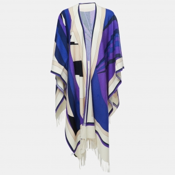 Pre Owned Emilio Pucci Blue Printed Cashmere Poncho One Size