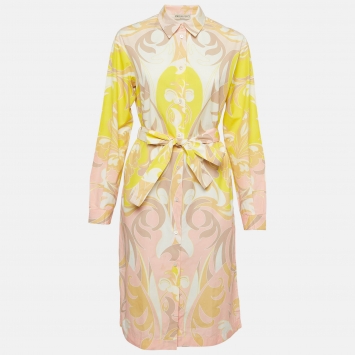 Pre Owned Emilio Pucci Multicolor Printed Cotton Belted Shirt Dress M