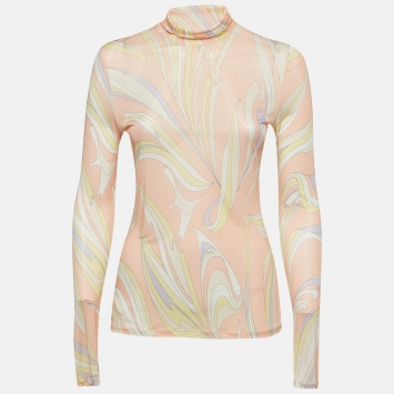 Pre Owned Emilio Pucci Pastel Pink Abstract Print Jersey High Neck Long Sleeve Top M