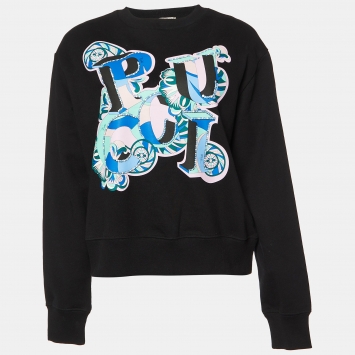 Pre Owned Emilio Pucci Black Printed Cotton Crewneck Sweatshirt M