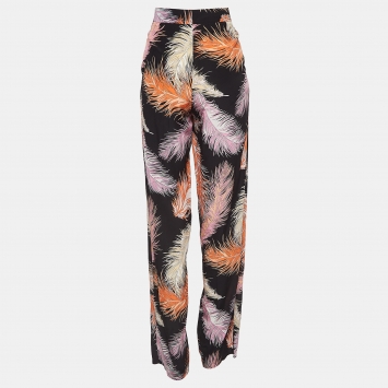 Pre Owned Emilio Pucci Black Feather Printed Silk Trouser S
