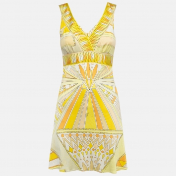 Pre Owned Emilio Pucci Yellow Psychedelia Print Jersey Mini Dress XS