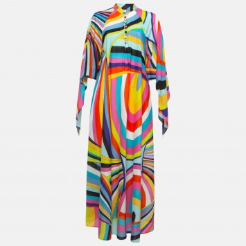 Pre Owned Emilio Pucci Multicolor Printed Cotton Flared Sleeve Maxi Dress M
