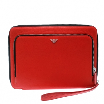 Pre Owned Emporio Armani Coral Orange Leather Zip Around Ipad Case