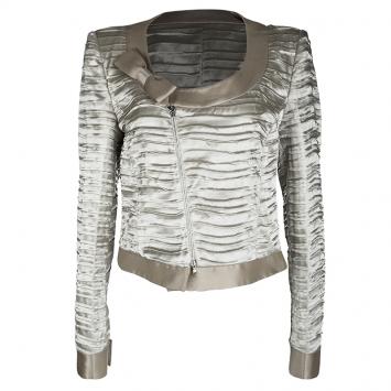 Pre Owned Emporio Armani Beige Pleated Textured Satin Bow Detail Cropped Zip Front Jacket L