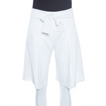 Pre Owned Emporio Armani White Textured Tie Waist Detail Bermuda Shorts S