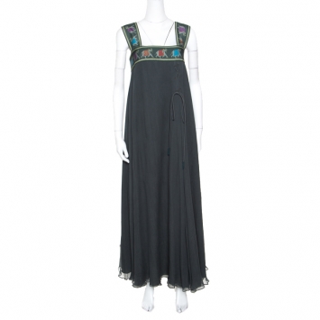 Pre Owned Emporio Armani Olive Green Silk Elephant Motif Detail Sleeveless Maxi Dress M