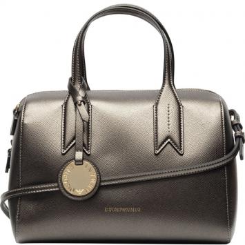 Pre Owned Emporio Armani Metallic Dark Grey Leather Bowling Satchel Bag