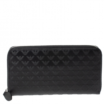 Pre Owned Emporio Armani Black Logo Embossed Leather Zip Around Wallet