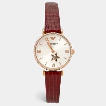 Pre Owned Emporio Armani Silver Rose Gold Plated Stainless Steel Leather Meccanico AR60044 Women's Wristwatch 34 mm 