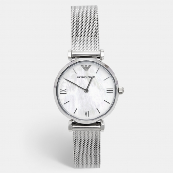 Pre Owned Emporio Armani Mother Of Pearl Stainless Steel T-Bar AR1955 Women's Wristwatch 32 mm