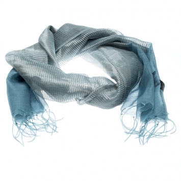 Pre Owned Emporio Armani Blue Silk and Wool Organza Lurex Striped Tassel Detail Scarf