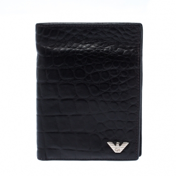 Pre Owned Emporio Armani Dark Brown Croc Embossed Leather Eagle Bi Fold Wallet