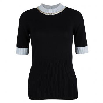 Pre Owned Emporio Armani Black Wool Contrast Ribbed Trim Neck Embellished Sweater M