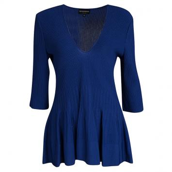 Pre Owned Emporio Armani Blue Ribbed Knit Flared Bottom Long Sleeve Top L