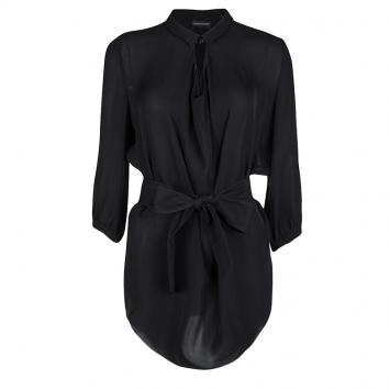 Pre Owned Emporio Armani Black Silk Belted Long Sleeve Tunic S