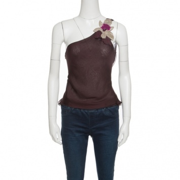 Pre Owned Emporio Armani Burgundy Floral Applique Tie Detail One Shoulder Top S