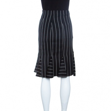 Pre Owned Emporio Armani Striped Monochrome Wool Godet Skirt M