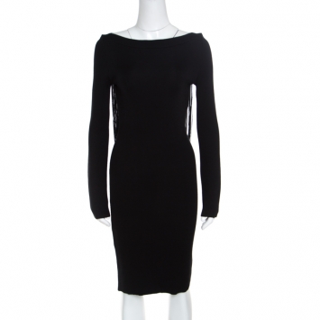 Pre Owned Emporio Armani Black Knit Fringed Cut Out Back Detail Bodycon Dress M